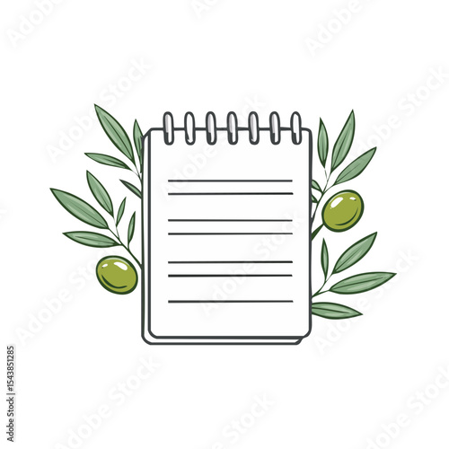 Blank Notepad with Olive Branches and Green Olives, Food Blog Design Element