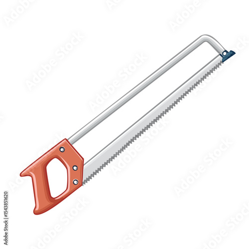 Illustration of a hand saw with a steel frame and an orange handle on a black background.