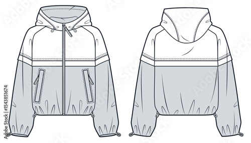 Cropped Windbreaker Jacket with hood fashion flat sketch. Raincoat fashion flat technical drawing template, drawstring, relaxed fit, front and back view, two tone, women, men, unisex CAD mockup.