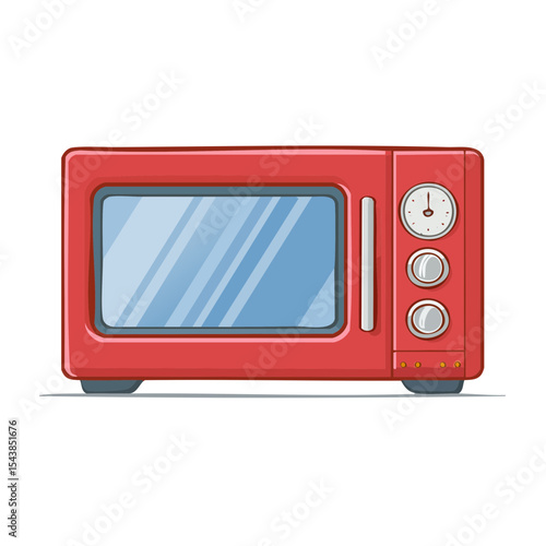 Retro Red Microwave Oven Appliance with Buttons and Clock Isolated Illustration for Food Preparation and Heating