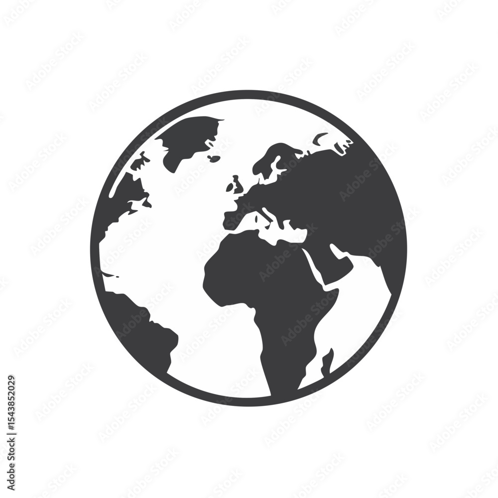 Stylized globe icon showing world continents, geography, earth planet, and international travel concept on a black background Stylized globe icon showing world continents, geography, earth planet, and international travel concept on a black background