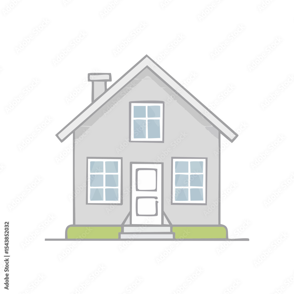Stylized Gray House Illustration with Windows, Door, Chimney, and Steps on a Black Background Stylized Gray House Illustration with Windows, Door, Chimney, and Steps on a Black Background