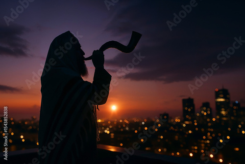 an orthodox rabbi silhouetted against a violet-orange sky blows the final shofar blast atop a hill overlooking city lights, marking the close of the Yom Kippur fast.