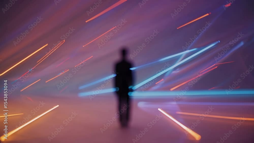 Silhouette of a man meditating in ethereal light with colorful streaks representing energy and focus, creating a futuristic and spiritual atmosphere Silhouette of a man meditating in ethereal light with colorful streaks representing energy and focus, creating a futuristic and spiritual atmosphere