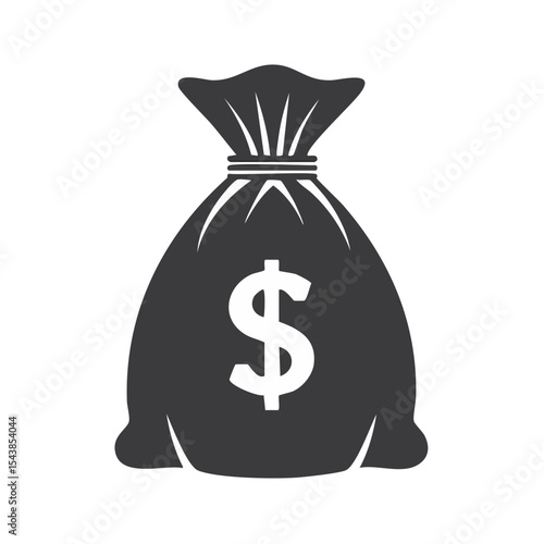 Gray Money Bag Icon with Dollar Sign on Black Background, Wealth Symbol