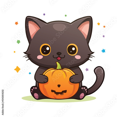 Cartoon black cat sits holding jackolantern pumpkin colorful star confetti