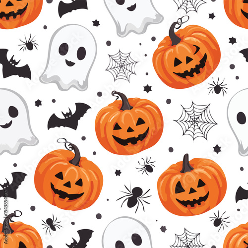 Seamless Halloween pattern with pumpkins ghosts bats spiders and spiderwebs