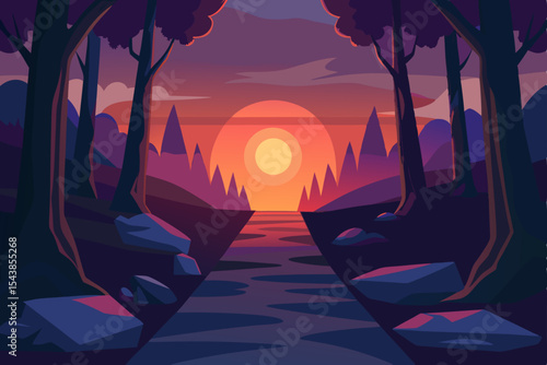 game art style sunset path through magical woods