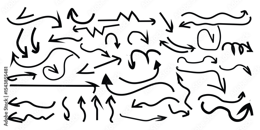 Naklejka premium Collection hand drawn arrows. Set simple arrows isolated on white background. Arrow mark icons. Arrow paint - stock vector