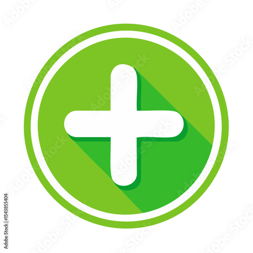 Simple green plus sign icon with long shadow for addition or positive symbol on a black background