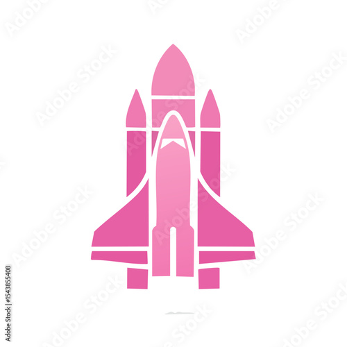 Cartoon style pink space shuttle launch into orbit exploration illustration icon on black background with artistic detail and simplicity