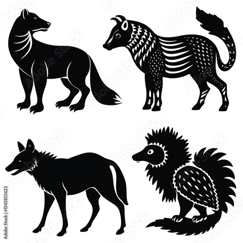 Intricate Black and White Animal Illustrations Fox, Ox, Wolf, and Evolved Creature Designs