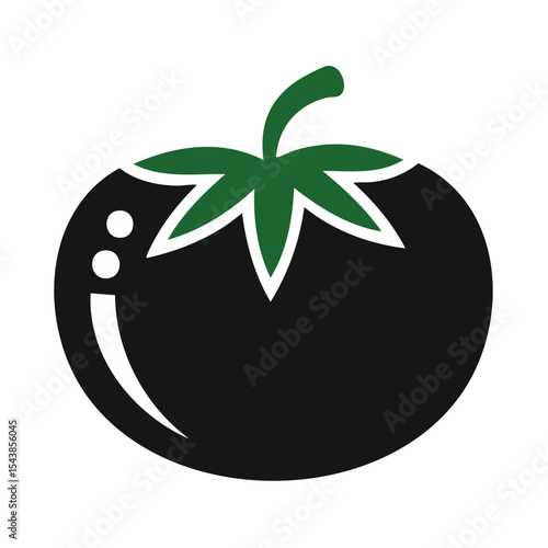 Stylized Tomato Illustration with Green Stem and Dark Red Color on Black Background
