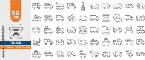 50 Truck & Logistics Line Icons Set – Editable Vector Set for Cargo, Delivery, Shipment & Vehicles. Editable Stroke. Vector illustration
