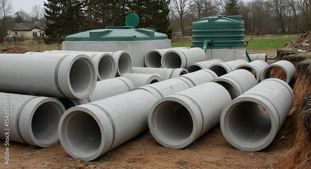 Concrete Pipes Stacked on Construction Site Concrete Pipes Stacked on Construction Site