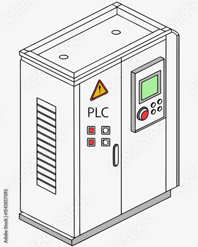 Electrical control PLC cabinet box with industrial automation system in a smart factory, isometric isolated. Power supply panel, circuit control, and programmable logic controller for manufacturing.