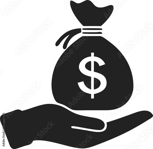 Black Silhouette of Hand Holding Money Bag with Prominent Dollar Sign – Tied Top Design Representing Finance, Wealth, and Monetary Concepts, bag with money
