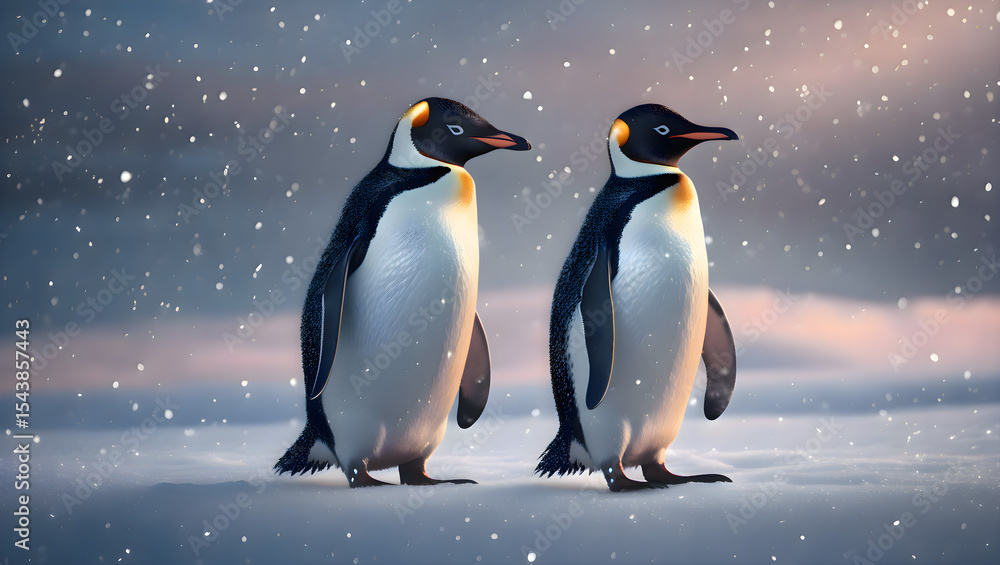 Fototapeta premium Two penguins standing side by side in the snow on a flat icy surface in a cold arctic environment