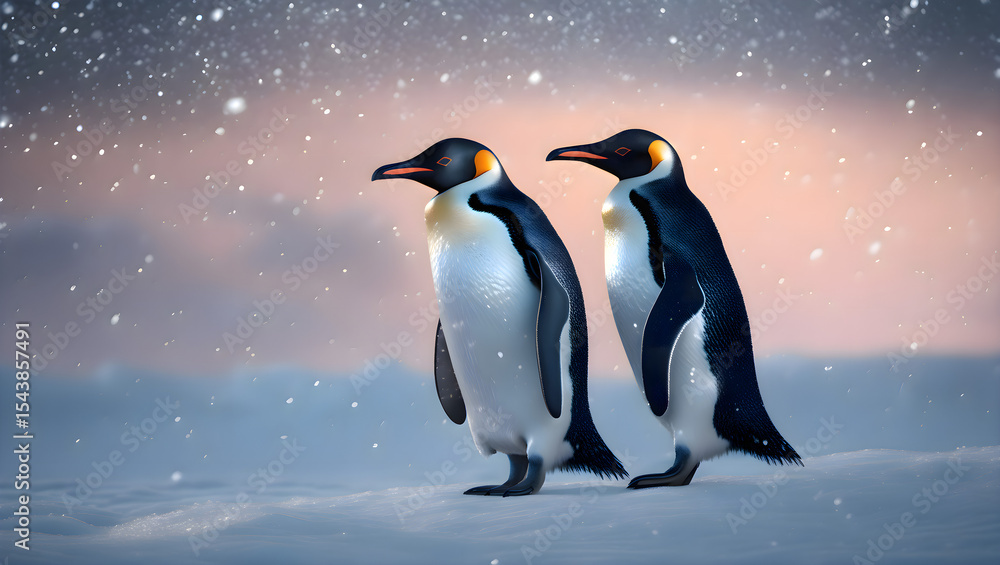 Fototapeta premium Two penguins standing next to each other on snow in a cold arctic landscape with visible texture and white background