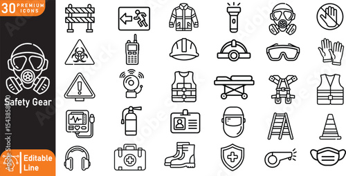Minimal Monoline Vector Icons of 30 Safety Gear Concepts – Line Art Illustrations of Personal Protective Equipment (PPE), Emergency Signs, Worksite Safety, and Hazard Alert Icons for UI, Infographics,