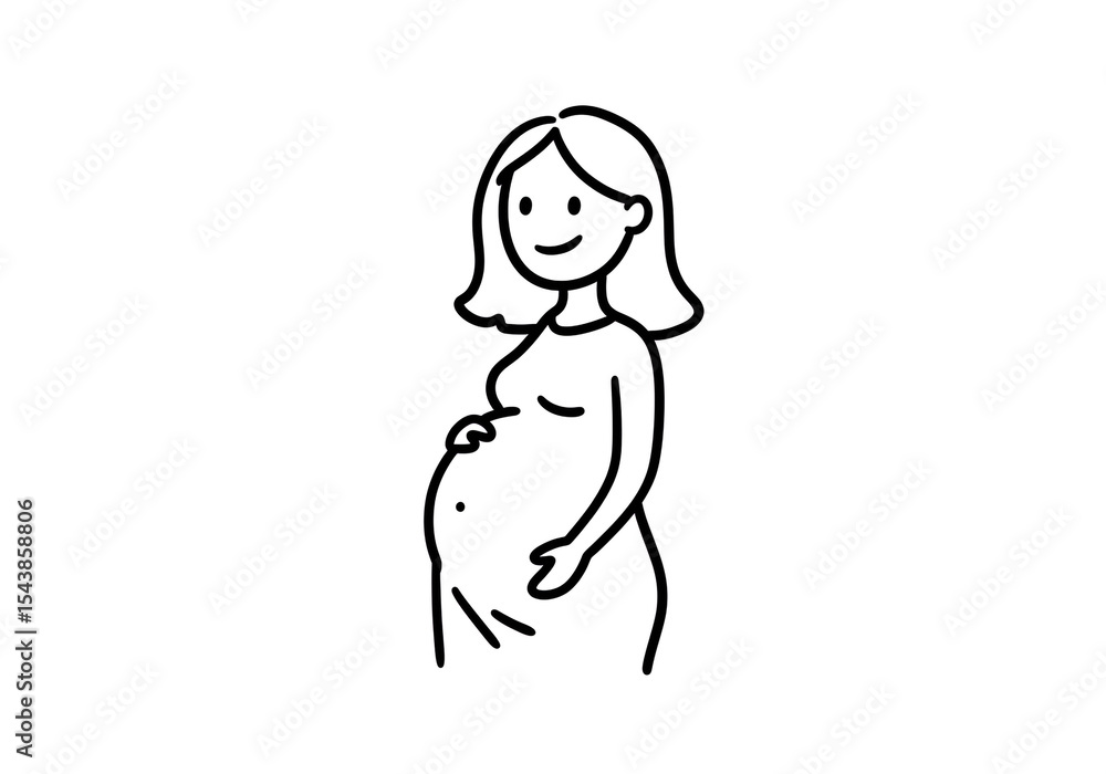 Simple line drawing of a pregnant woman with hands on her belly smiling on a white background Simple line drawing of a pregnant woman with hands on her belly smiling on a white background