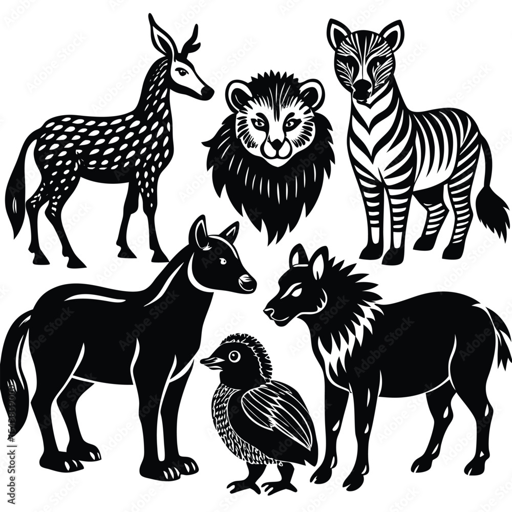 Naklejka premium African Wildlife Silhouette Collection Majestic Lion, Zebra, Antelope, and More