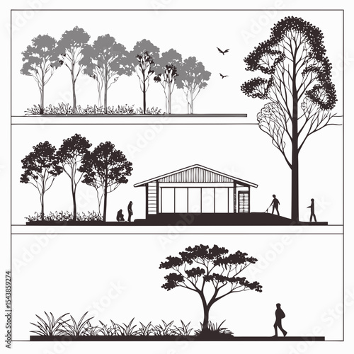 Minimal style cad tree line drawing, Side view, set of section garden, wetland forest outline for landscape design drawing. Vector illustration 