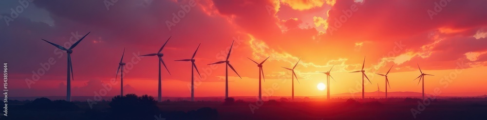 Fototapeta premium Silhouetted wind turbines against a vibrant sunset sky , eolic, serene, tranquil