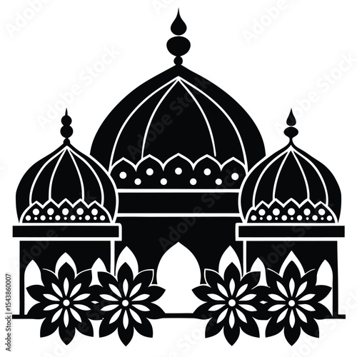 Islamic domes with various floral decoration silhouette black vector art design