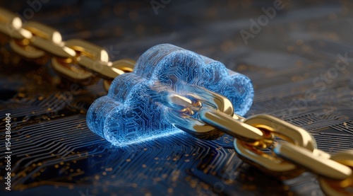 Glowing blue cloud icon linked by gold chain on a circuit board, symbolizing secure cloud computing and data connectivity
