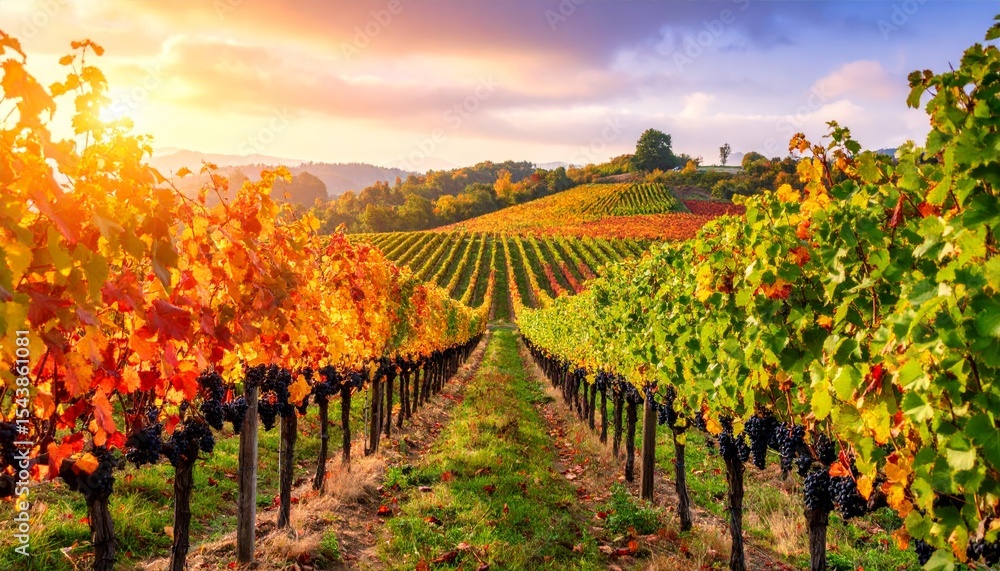 Naklejka premium colorful vineyard in autumn, landscape with hills, beautiful sunrise