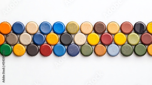 Array of bottle caps of many colors laid on a flat surface
