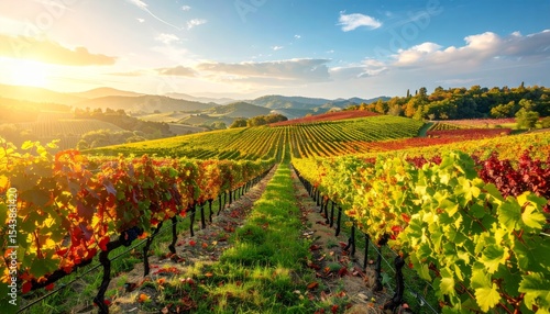 colorful vineyard in autumn, landscape with hills, beautiful sunrise