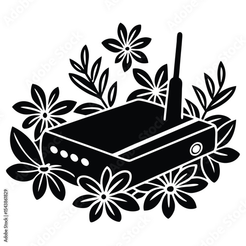 One antena Router with various floral decoration stylish silhouette black vector art design