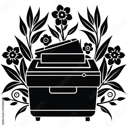 Photocopier machine with various floral decoration silhouette black vector art design