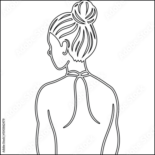 Minimalist continuous line art drawing of woman with hair bun from behind vector