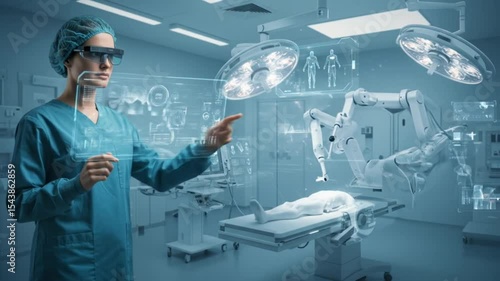 Doctor guiding robotic arm using augmented holographic display in surgical room. Medical innovation concept