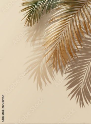 Golden and green palm fronds cast dramatic shadows on a beige background