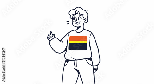 Line art of an older woman with hair in a bun, hands clasped in front, with exclamation marks around her.
