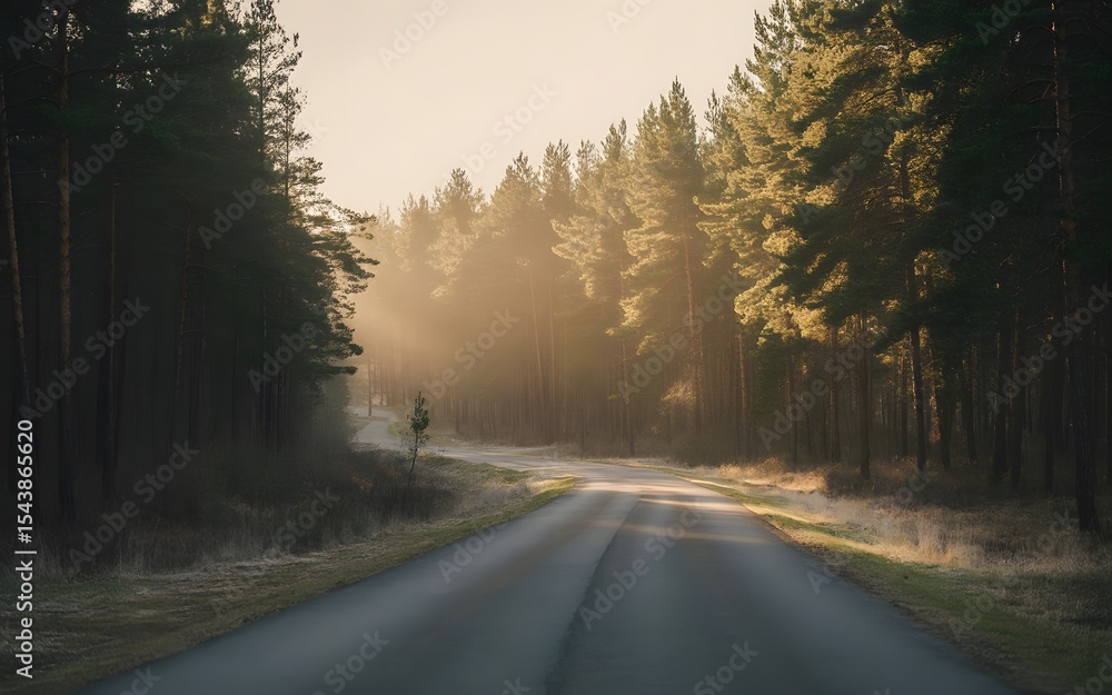 Fototapeta premium Foggy winding road cutting through a sun-kissed pine forest, creating a mysterious ambiance. 