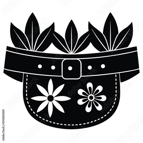 Tool belt with various floral decoration stylish silhouette black vector art design
