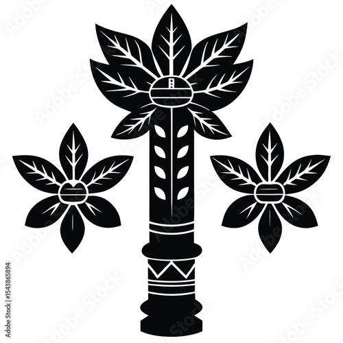 Totem poles with various floral decoration silhouette black vector art design