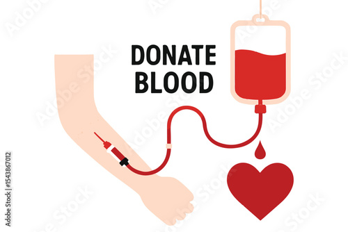 Colorful illustration of blood donation process, featuring a syringe, blood bag, and heart symbol.