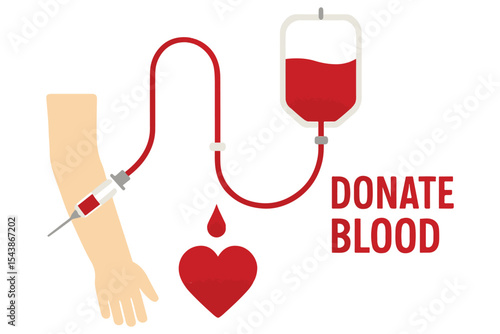 Vibrant vector design promoting blood donation, showing a donor arm with a syringe connected to a heart  shaped blood drop.
