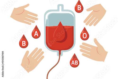 Vector graphic of various blood types with hands reaching out to donate, showcasing the importance of blood donation.