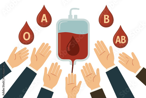 Illustration highlighting the different blood types with a blood bag, emphasizing the need for diverse blood donations.
