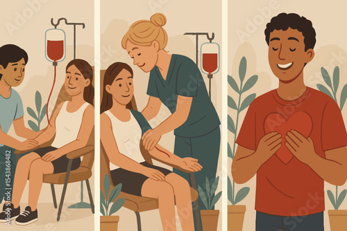Illustrated series showing the process of blood donation, featuring a donor, healthcare worker, and the donation aftermath.
