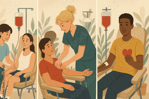 Heartwarming illustration of blood donation, capturing the emotional and physical aspects of giving blood.