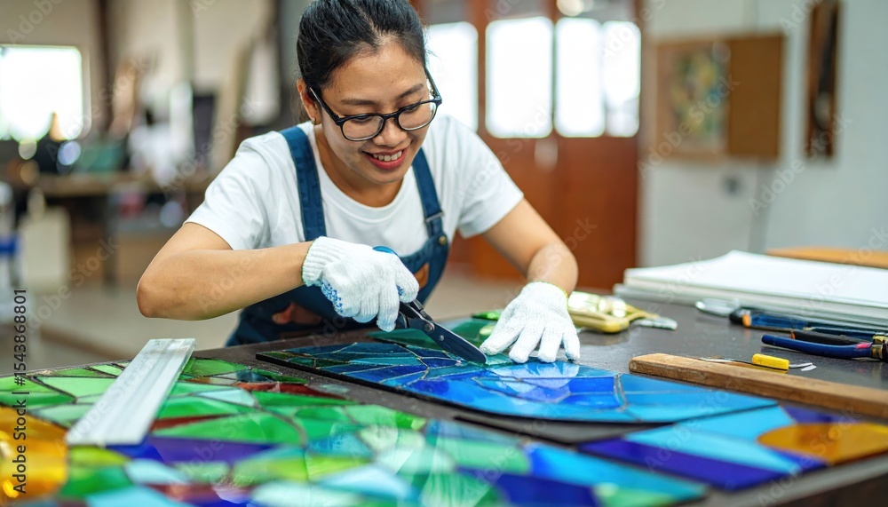 Fototapeta premium Artisan crafting vibrant stained glass pieces in a bright workshop filled with tools