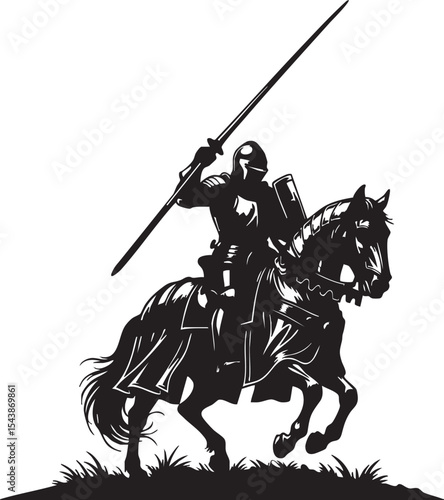  Silhouette of a knight on horseback with lance raised, isolated on white background

